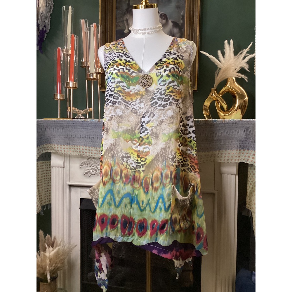 Mirror Image Women Leopard Peacock Print Tunic Top Handkerchief Hem L Large